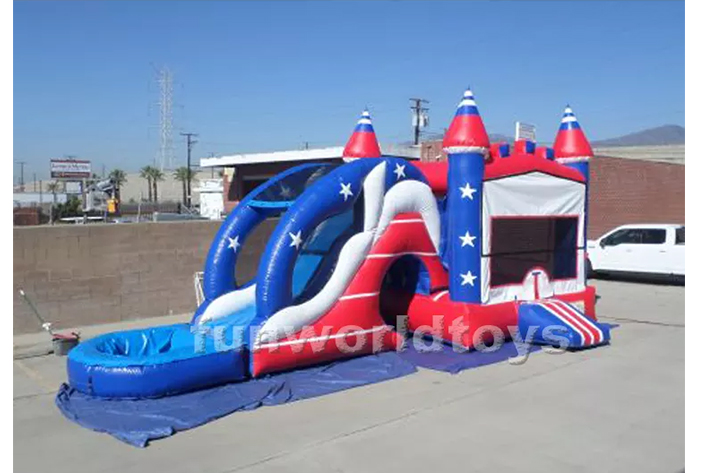 Inflatable american bounce house with dry wet slide FWZ307